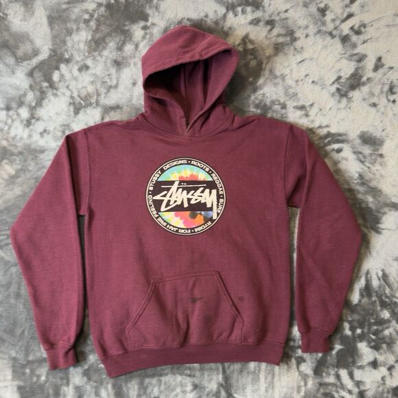 Stussy Graphic Hoodie Medium Burgundy Cotton Blend Long Sleeve Y2K Skater - Picture 1 of 6